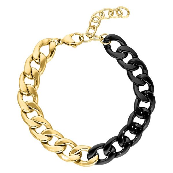 Pulsera bicolor de acero quirúrgico dorado y negro sobre fondo blanco