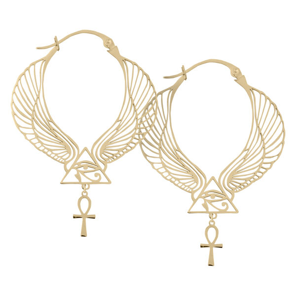 Aros Cleopatra dorados con diseño de alas y Ankh sobre fondo blanco