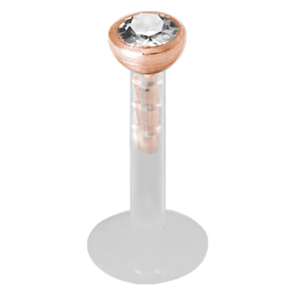 Micro Labret de oro rosa con cristal claro, bola de 3.0 mm sobre fondo blanco