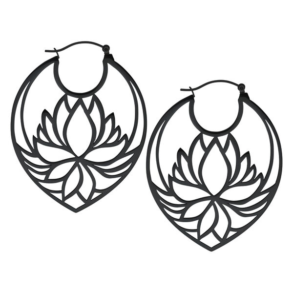 Orecchini Lily Hoops neri in acciaio chirurgico, chiusura a scatto, forma di loto