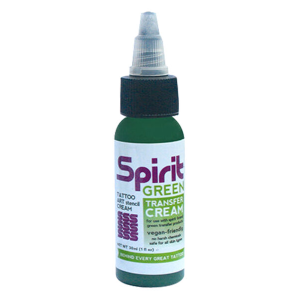 Crema transfer verde di Spirit in una bottiglia da 30 ml su sfondo bianco