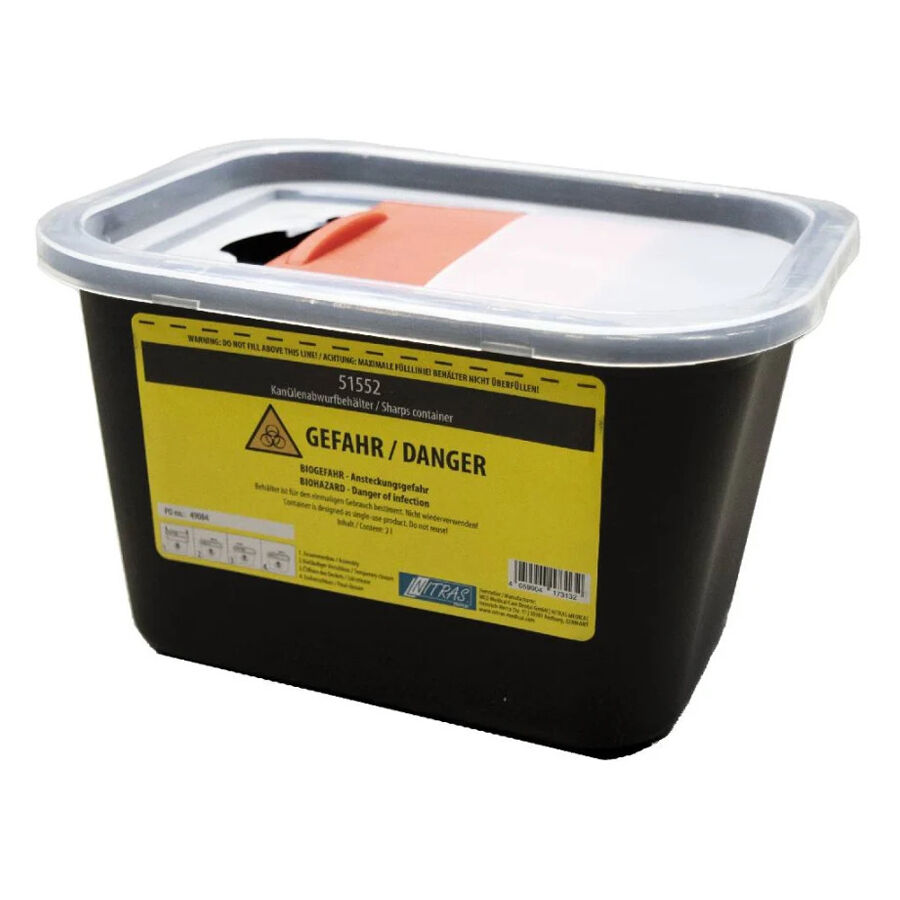 Contenedor de desechos negro de 2 litros con etiqueta de advertencia amarilla y tapa gris