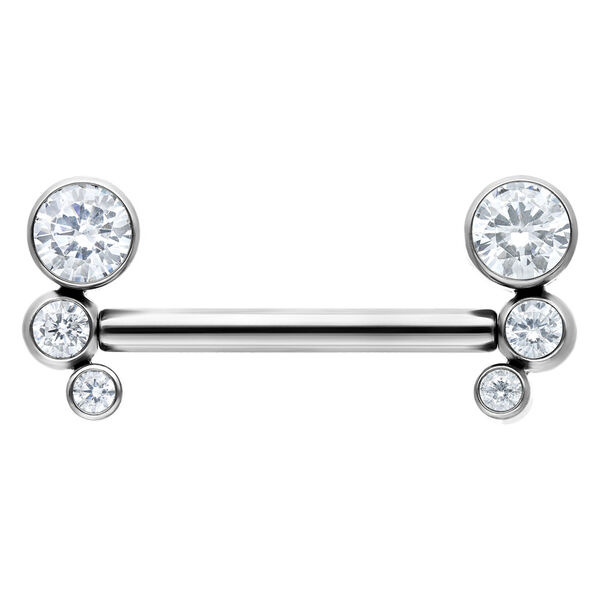 Piercing a barbell in argento con cinque cristalli chiari, orientato orizzontalmente