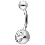 Piercing per ombelico in argento con cristallo chiaro su sfondo bianco
