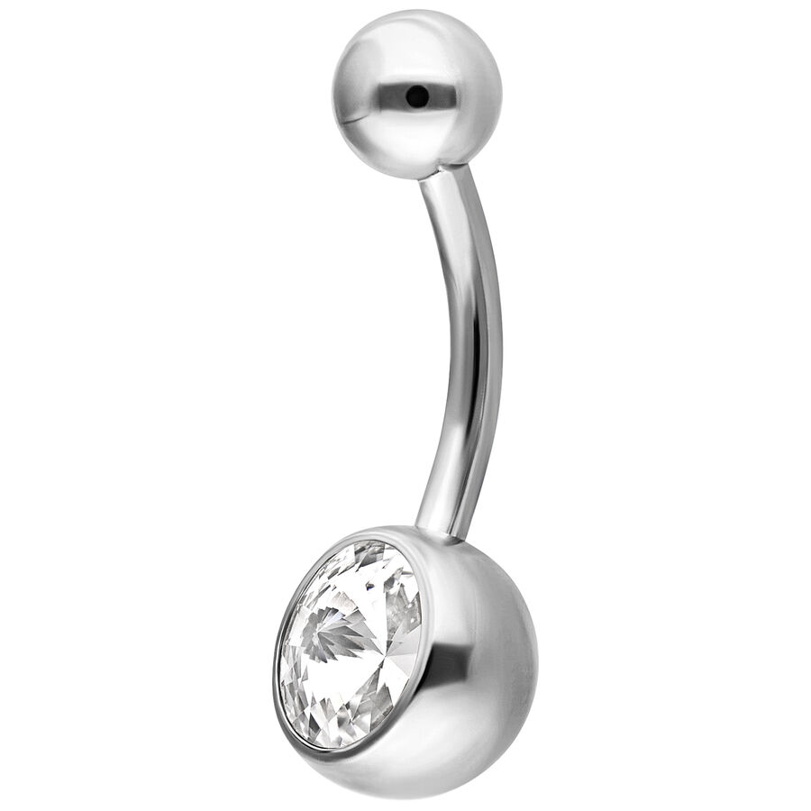Piercing per ombelico in argento con cristallo chiaro su sfondo bianco