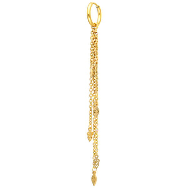 Orecchini d'oro con lunghe catene pendenti e pendenti a foglia su sfondo bianco