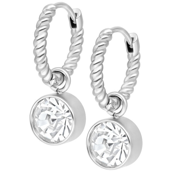 Orecchini in argento con design intrecciato e cristalli scintillanti su sfondo bianco