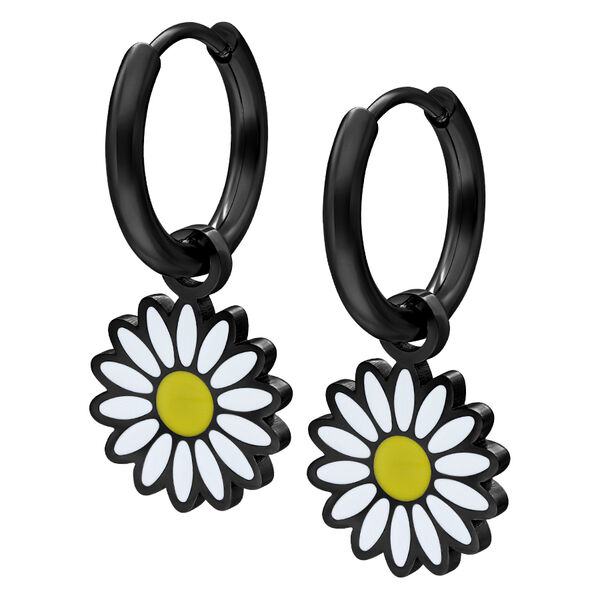 Aros Daisy negros de acero quirúrgico con colgante de margarita sobre fondo blanco