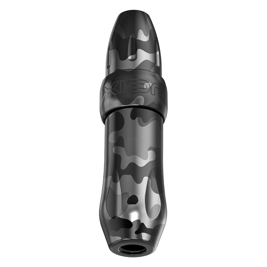 Macchina per tatuaggi Xion Pen Urban Camo grigia con motivo mimetico su sfondo bianco