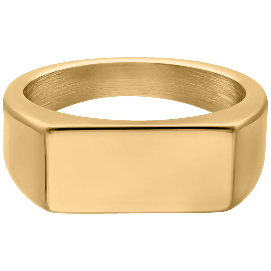 Anello rettangolare con sigillo d'oro in acciaio chirurgico su sfondo bianco
