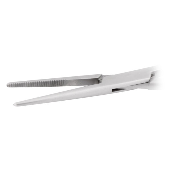 Pinza arteriosa dritta in acciaio inox su sfondo bianco