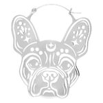 Pendiente de Bulldog plateado con cierre de bisagra sobre fondo blanco