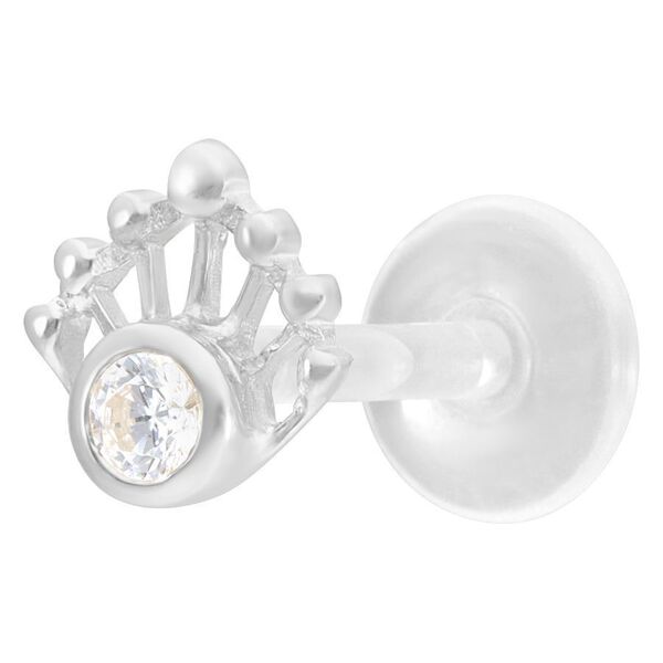 Silberner Labret-Piercing mit Kristall auf weißem Hintergrund