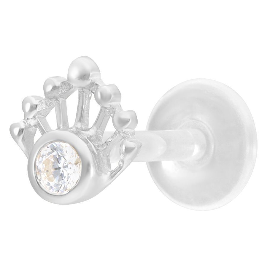 Piercing Labret argentato con cristallo su sfondo bianco