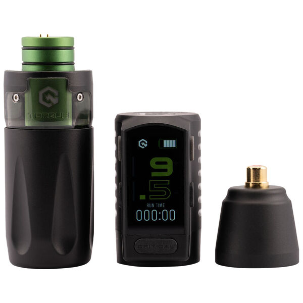 Set de Máquinas de Tatuaje Critical Torque 3.5 Negro con acento verde sobre fondo blanco