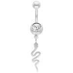 Piercing all'ombelico in argento con cristallo e ciondolo a serpente su sfondo bianco