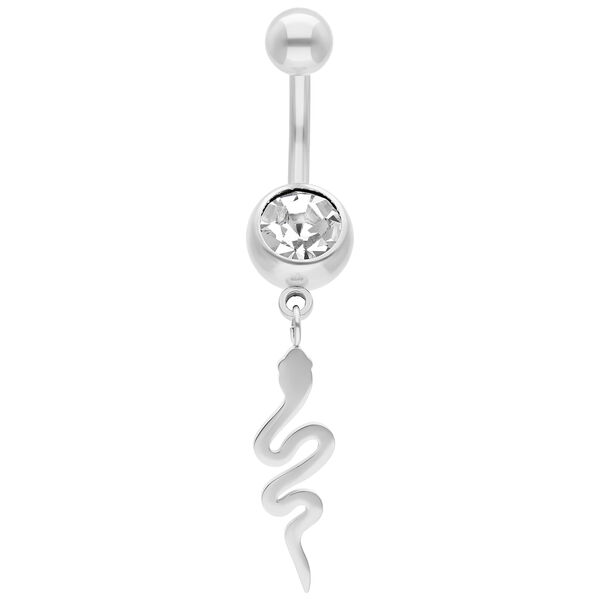 Piercing de ombligo de plata con cristal y colgante de serpiente sobre fondo blanco