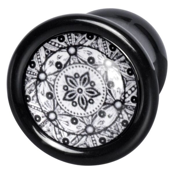 Schwarz/weißer Flower Plug 8mm mit Mandala-Muster auf weißem Hintergrund