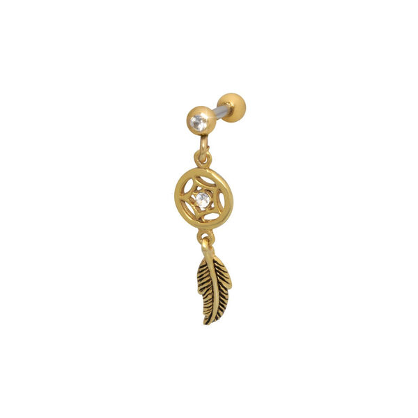 Goldenes Ohr Barbell mit Dreamcatcher und Federanhänger auf weißem Hintergrund