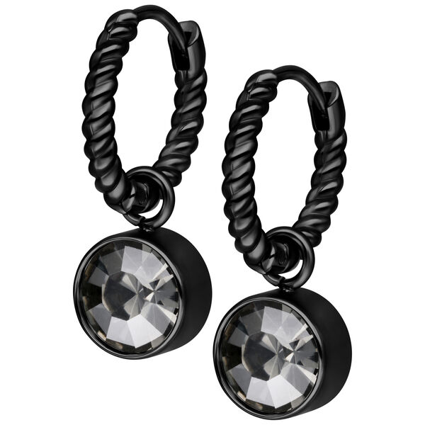 Aros retorcidos negros con cristal negro diamante sobre fondo blanco