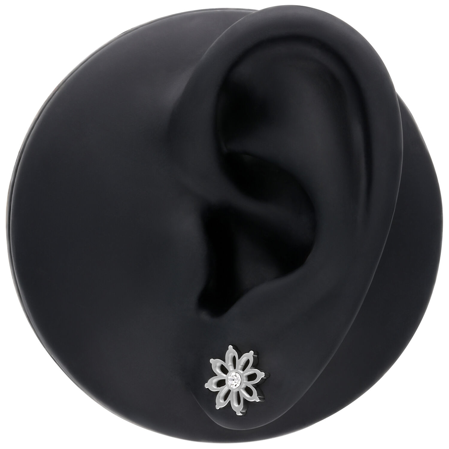 Blumen Ohrstecker aus Edelstahl in Silber Silberne Blumen Ohrstecker an schwarzem Ohrmodell