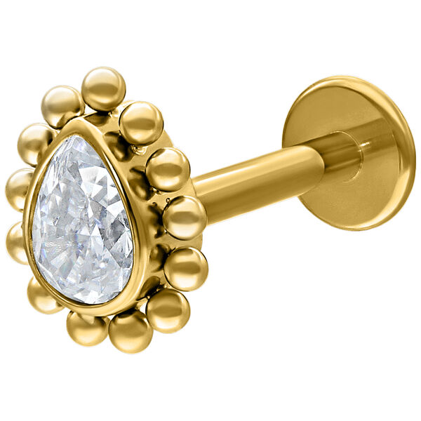 Labret de titanio dorado con lágrima de cristal, Push-Fit, sobre fondo blanco