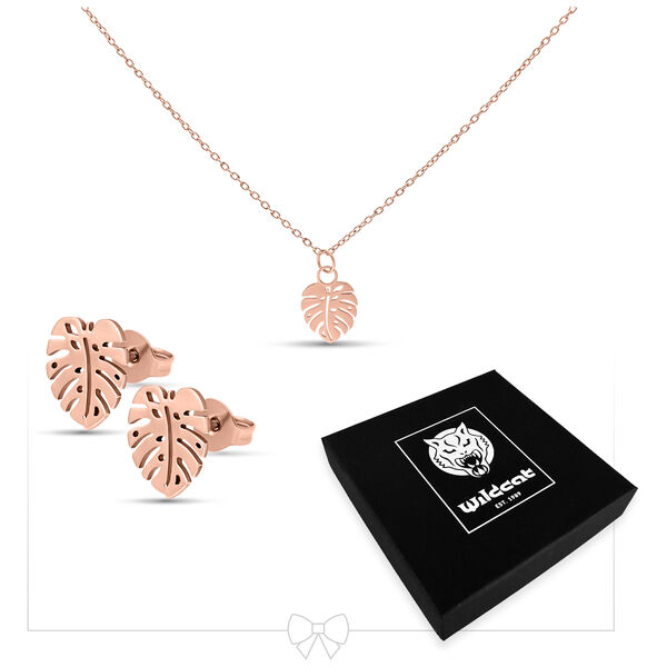 Juego Monstera en oro rosa con collar y pendientes, caja negra