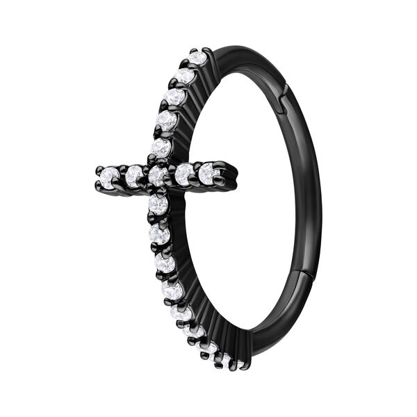 Anello piercing nero in acciaio chirurgico con croce incastonata di cristalli su sfondo bianco