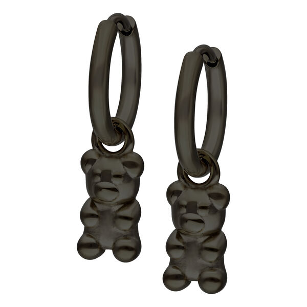 Pendientes negros con diseño de ositos de goma sobre fondo blanco