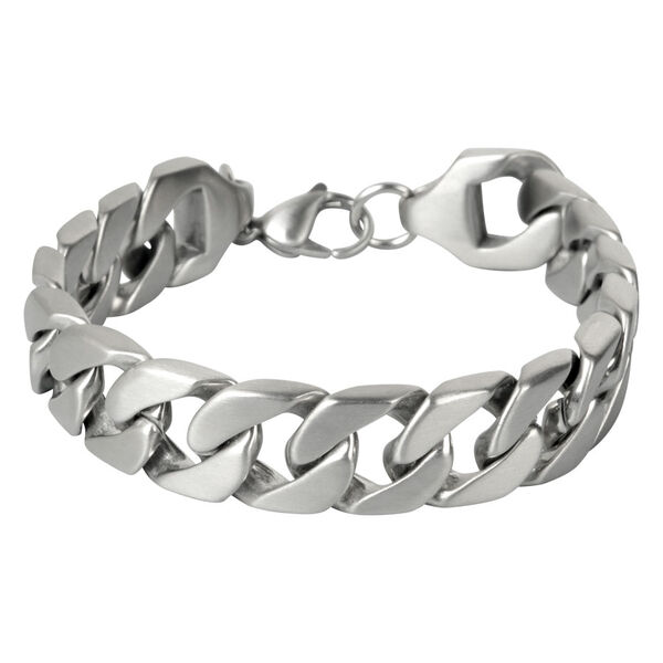 Pulsera plateada de acero quirúrgico 316L sobre fondo blanco