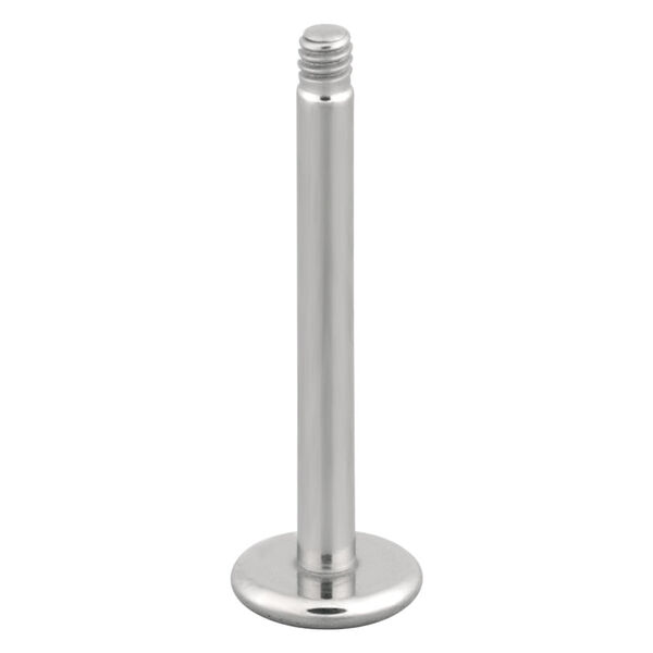 Barra Labret plateada con rosca externa de acero quirúrgico sobre fondo blanco