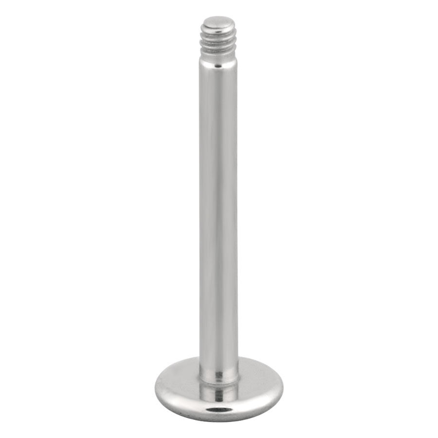 Barra Labret argentata con filettatura esterna in acciaio chirurgico su sfondo bianco