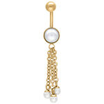 Piercing ombelico dorato con catene e perle su sfondo bianco