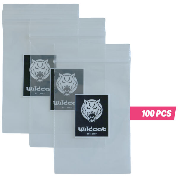 Kolme läpinäkyvää Minigrip-pussia Wildcat-logolla, 100 kpl