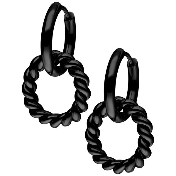Twisted Circle Hoops neri in acciaio chirurgico con chiusura a scatto su sfondo bianco