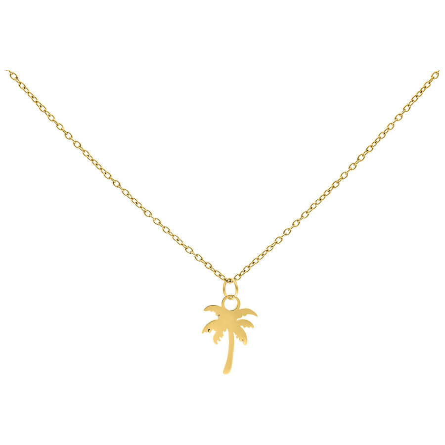 Collana dorata con ciondolo a forma di palma su sfondo bianco, lunga 50 cm