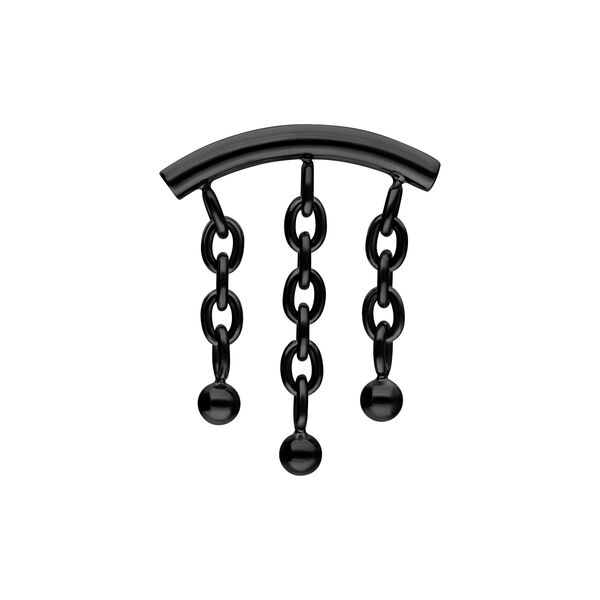 Accessorio piercing nero con catene e sfere su sfondo bianco
