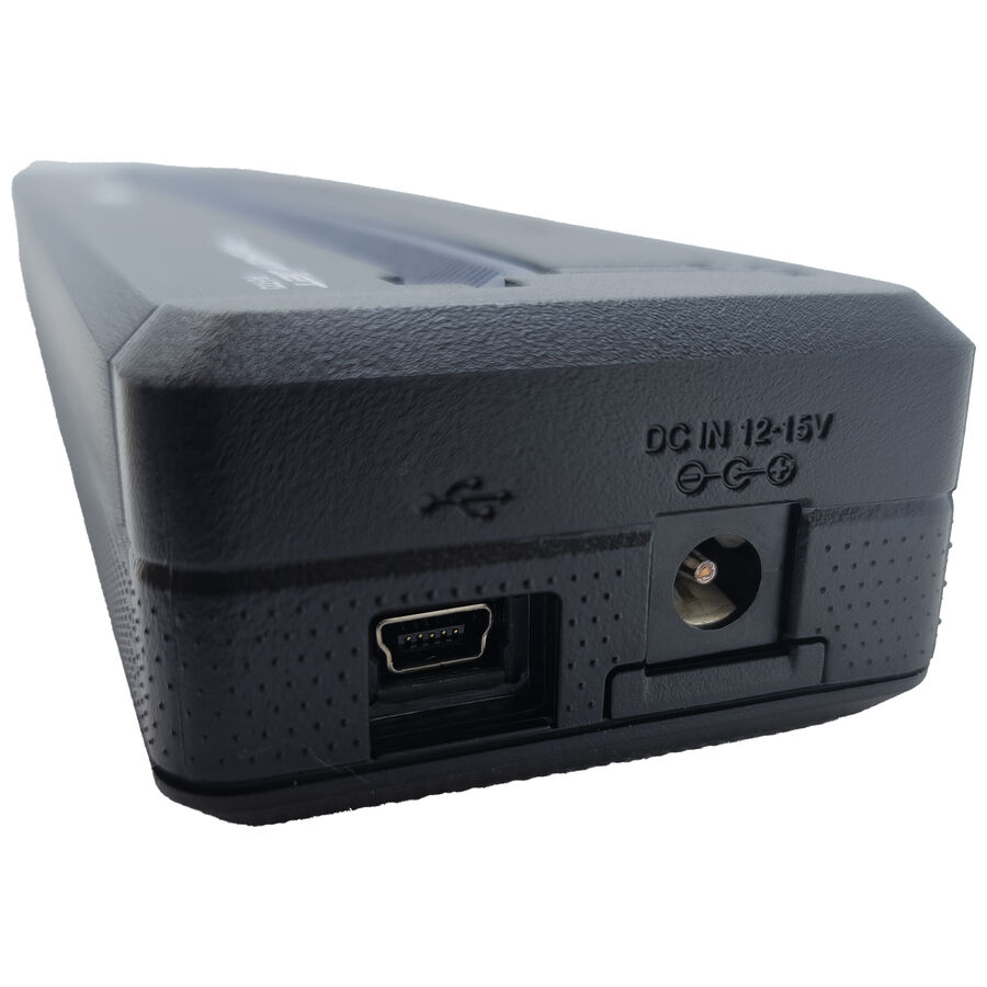 Stampante termica A4 nera con connessione USB e DC, primo piano