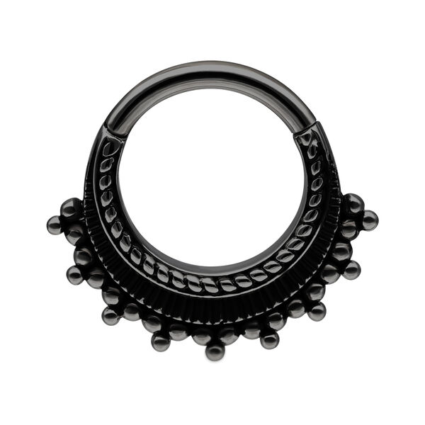 Aro de piercing negro de acero quirúrgico con bolas decorativas sobre fondo blanco