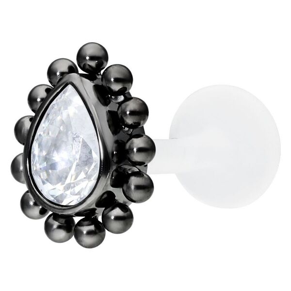 Labret negro con gota de cristal claro y barra de PTFE