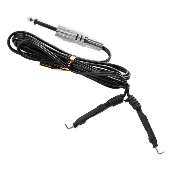 Clip Cord de Silicona Negro con conector de cobre sobre fondo blanco