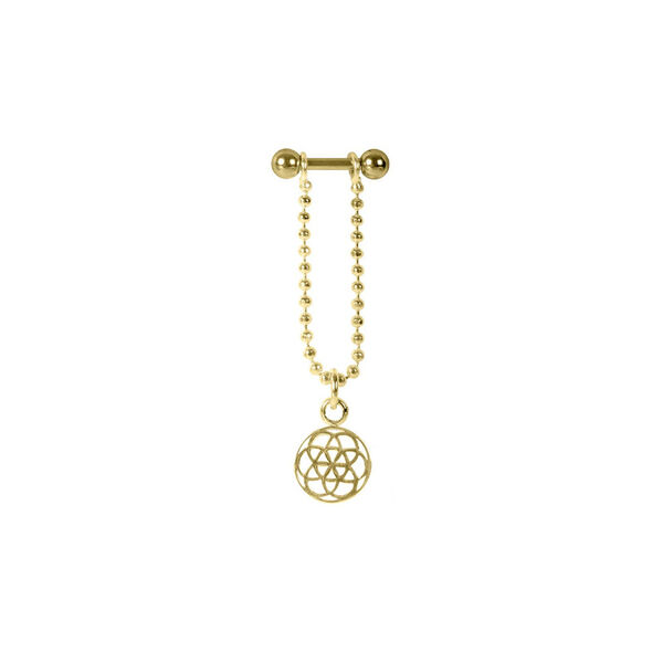 Goldenes Ohr Barbell mit Kugelkette und Flower of Life Anhänger auf weißem Hintergrund