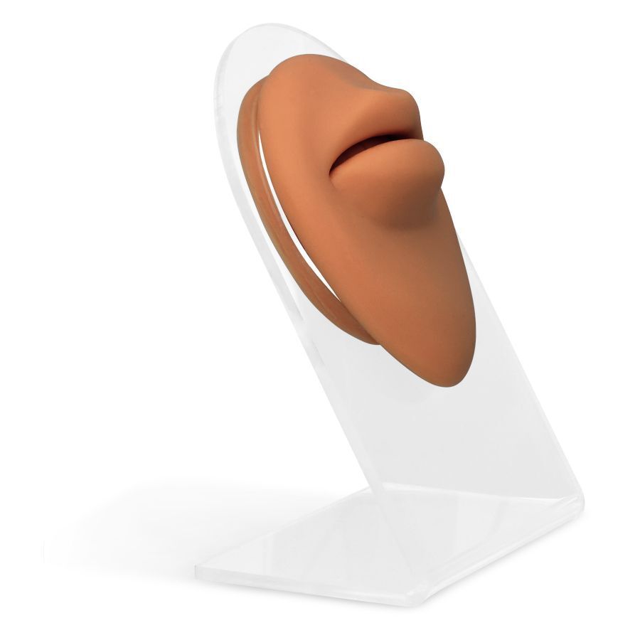 Accessorio in silicone marrone a forma di labbra su supporto trasparente