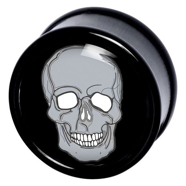 Schwarzer PMMA Plug mit grauem Totenkopf-Design auf weißem Hintergrund