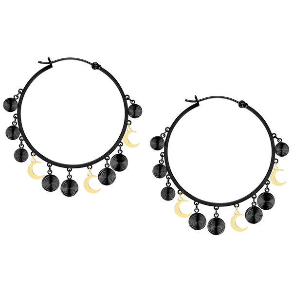 Schwarze Ohrringe mit goldenen und schwarzen Anhängern auf weißem Hintergrund
