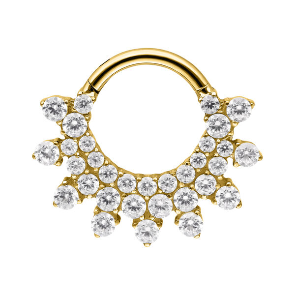 Clicker de septum dorado con varios cristales claros sobre fondo blanco