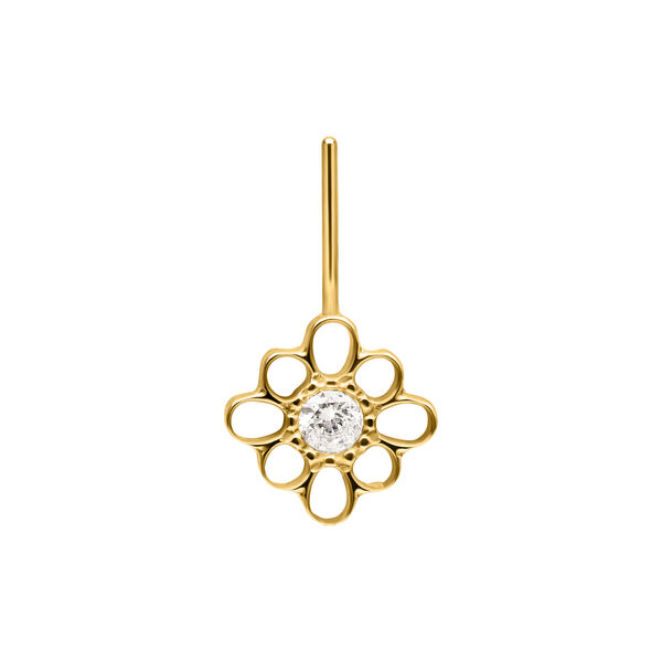 Accessorio a forma di fiore dorato con cristallo al centro su sfondo bianco