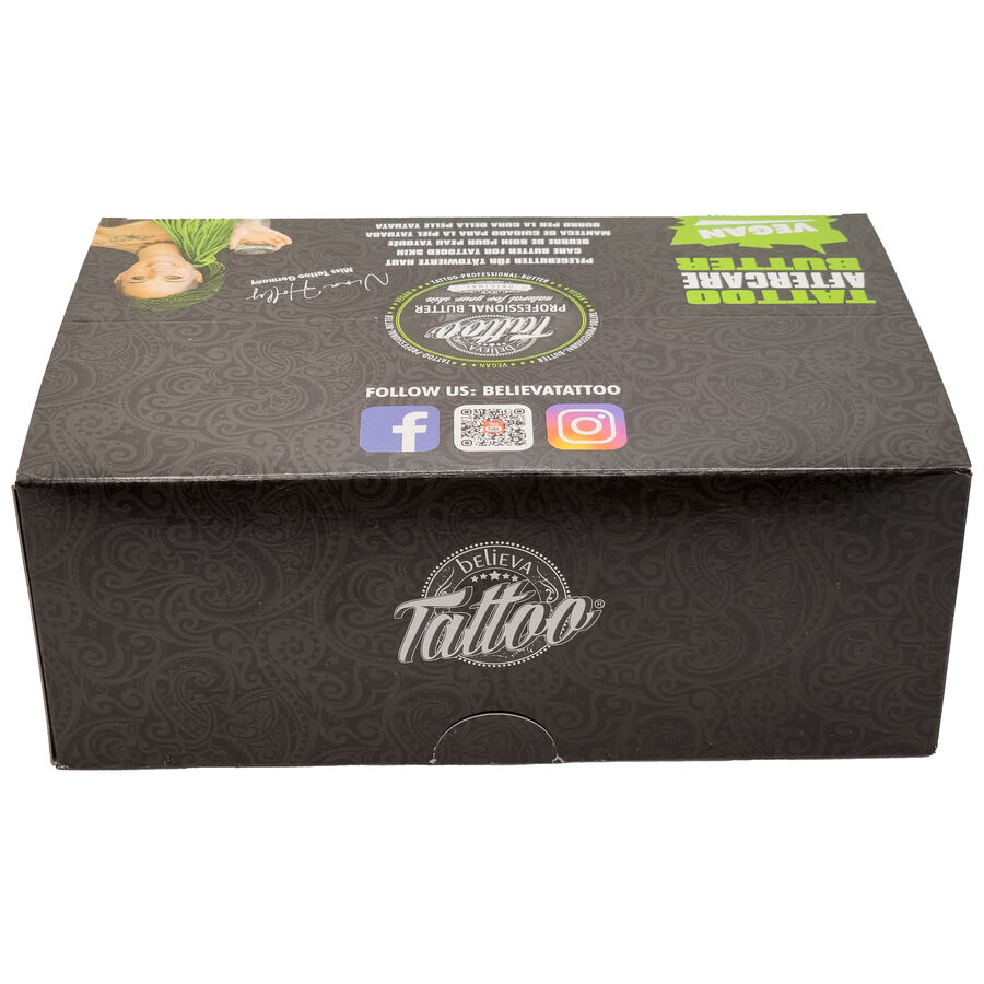 Caja negra de Believa Tattoo Butter con logo e iconos de redes sociales