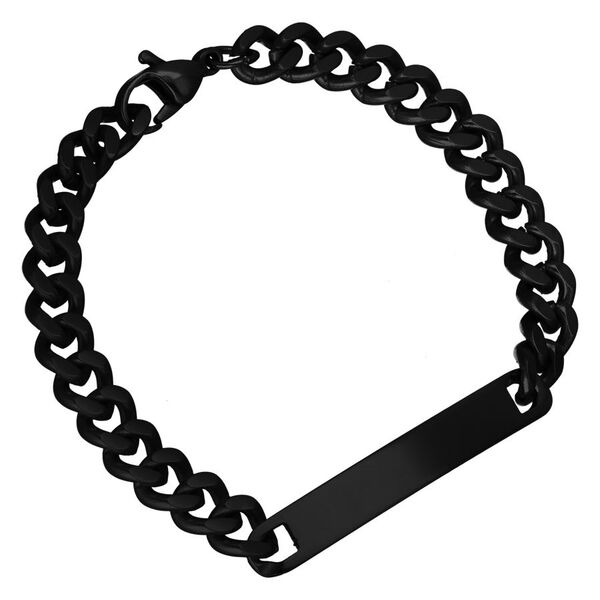 Pulsera negra con placa grabable de acero quirúrgico, sobre fondo blanco