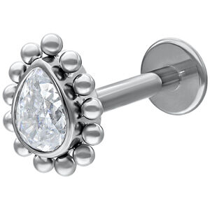 Crystal Teardrop Labret, Weißgold, 12 mm Weißgoldenes Labret mit tropfenförmigem Kristall auf weißem Hintergrund